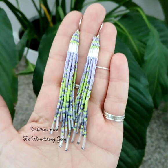 Jellyfish Beaded Fringe Shoulder Duster Dangle Earrings, Purple & Green 4.5" - Picture 8 of 9